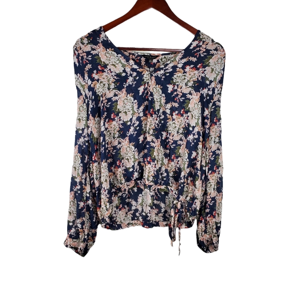 Lucky Brand Navy Blue Floral Boho Tie Top - Picture 1 of 9